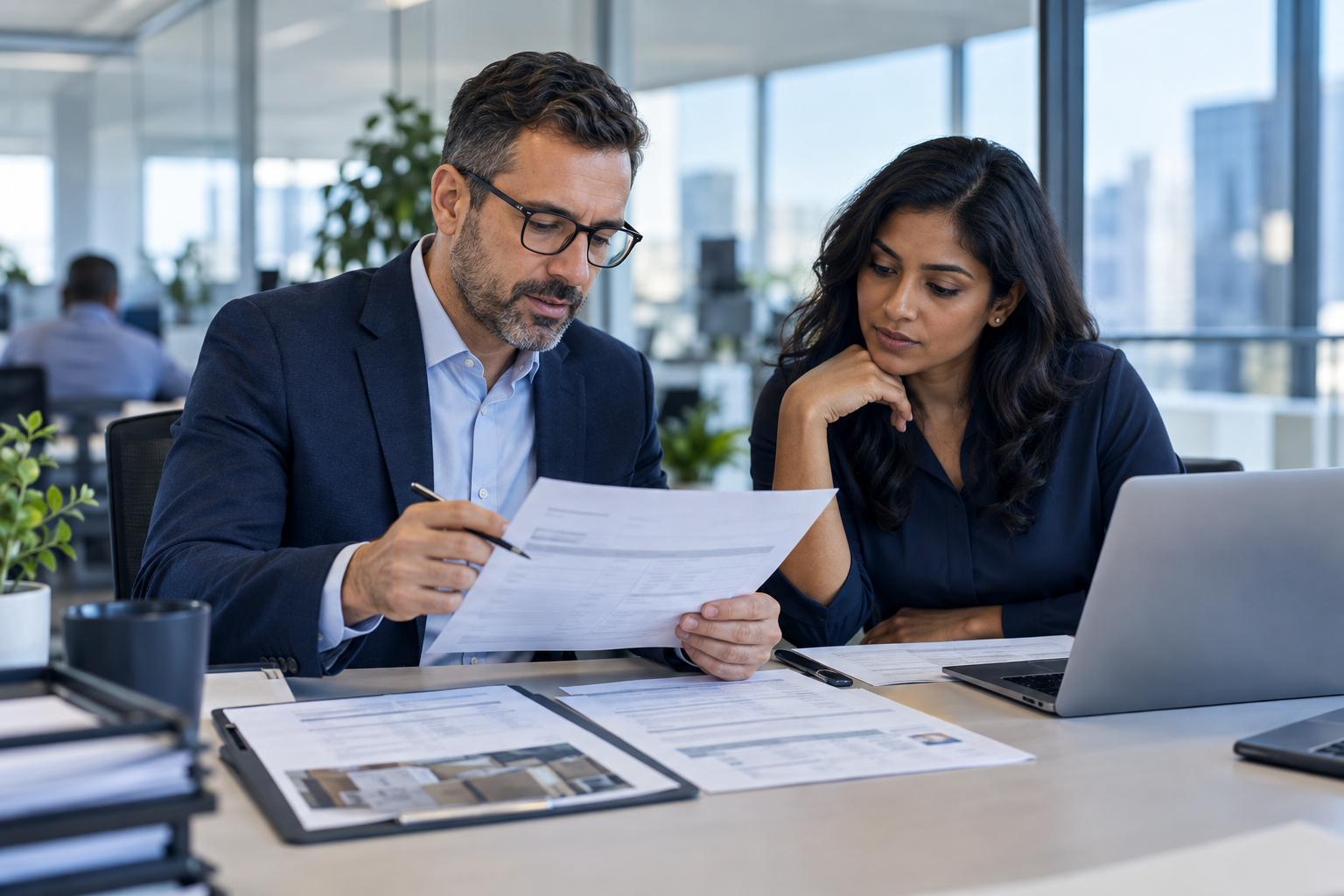 Finance professionals reviewing supplier invoices and payment documents
